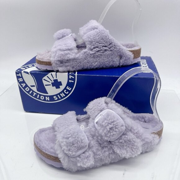 Birkenstock Arizona Big Buckle Shearling Teddy Sandals Fog Purple Womens EU 37 - Picture 3 of 13